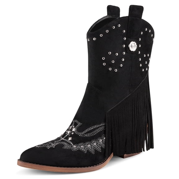 RONILURN Women's Western Fringe Cowboy Boots Pointed Toe Chunky Heel Tassel Cowgirl Ankle Booties