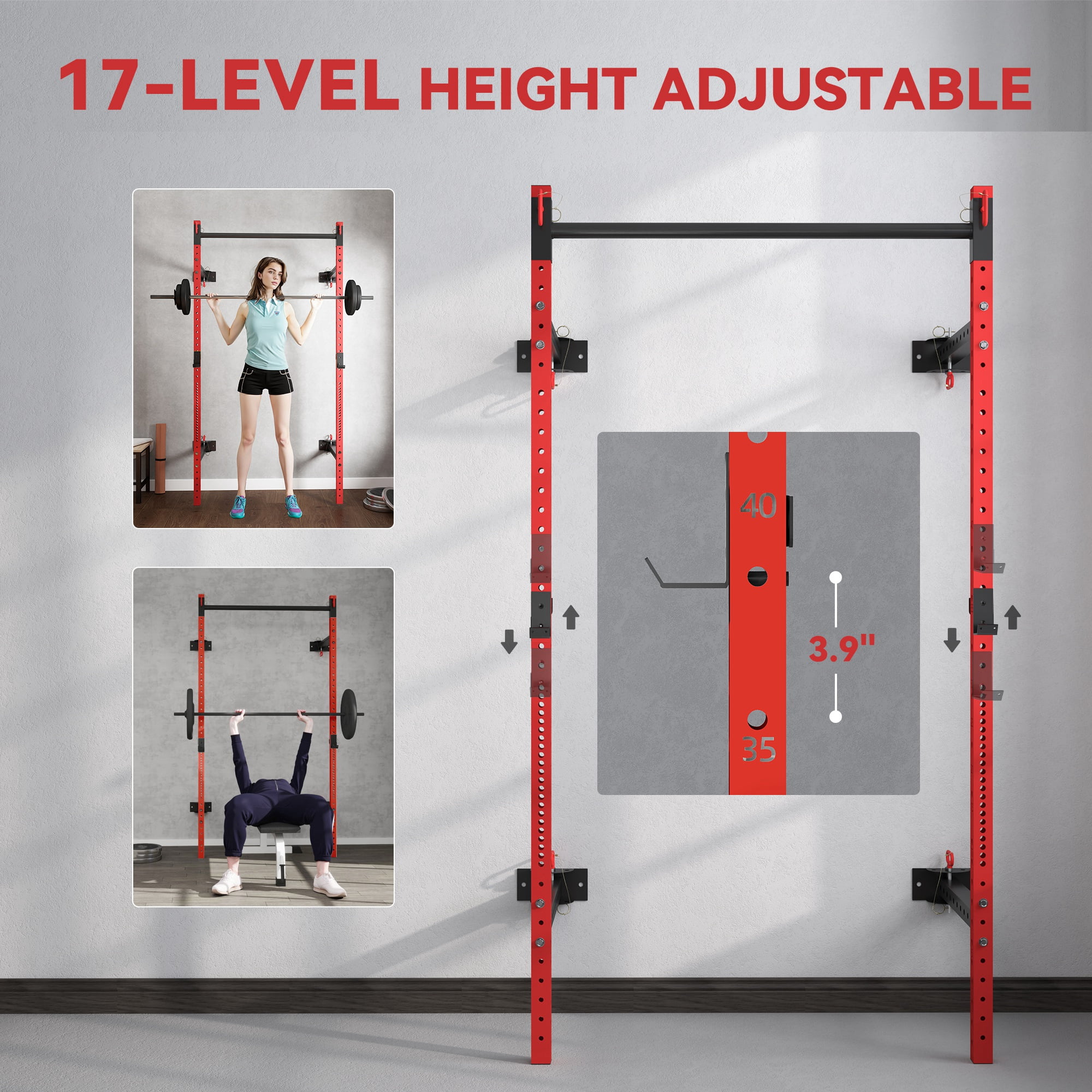Soozier Folding Squat Rack with Pull Up Bar, Wall Mounted, 1000 Pounds Capacity Power Rack, Red