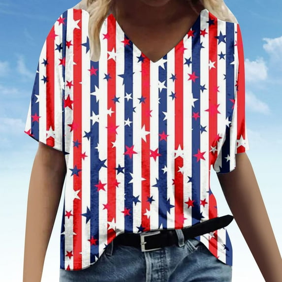 Lilgiuy Basic V Neck Tops for Women Middle Sleeve Casual Loose Blouse Print Summer T-Shirt