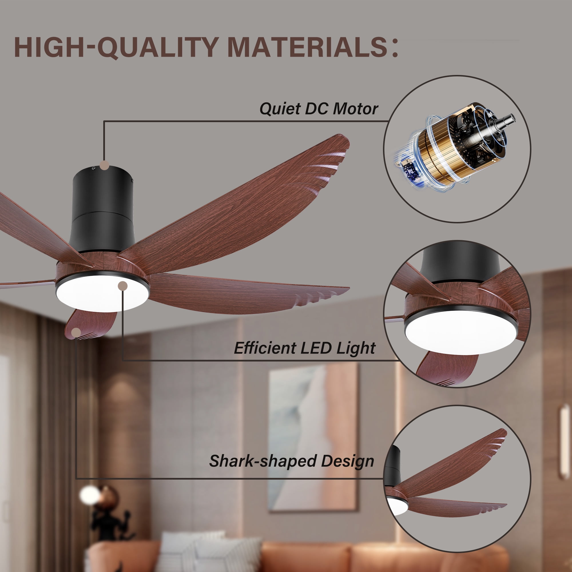 Ohniyou 58 Inch Flush Mount Ceiling Fan with Lights, Low Profile Remote Control,Dimmable, Quiet DC Motor for Bedroom Living Room,Walnut Black