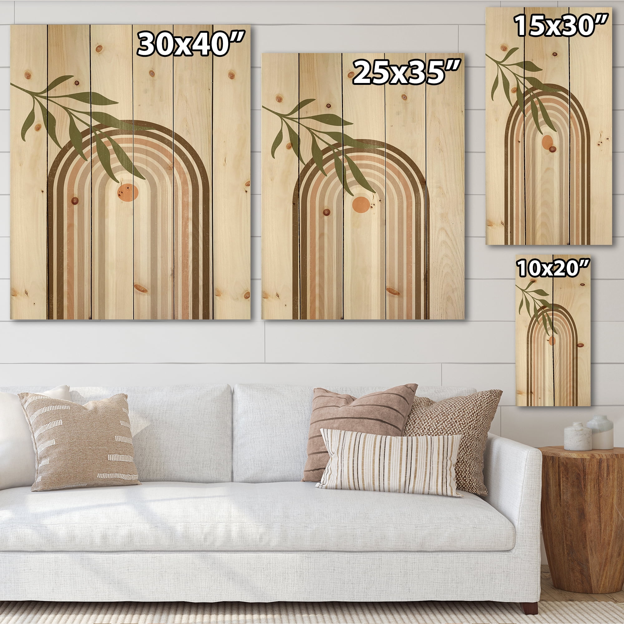 Designart 'Abstract Moon and Sun With Green Leaf I' Modern Print on Natural Pine Wood