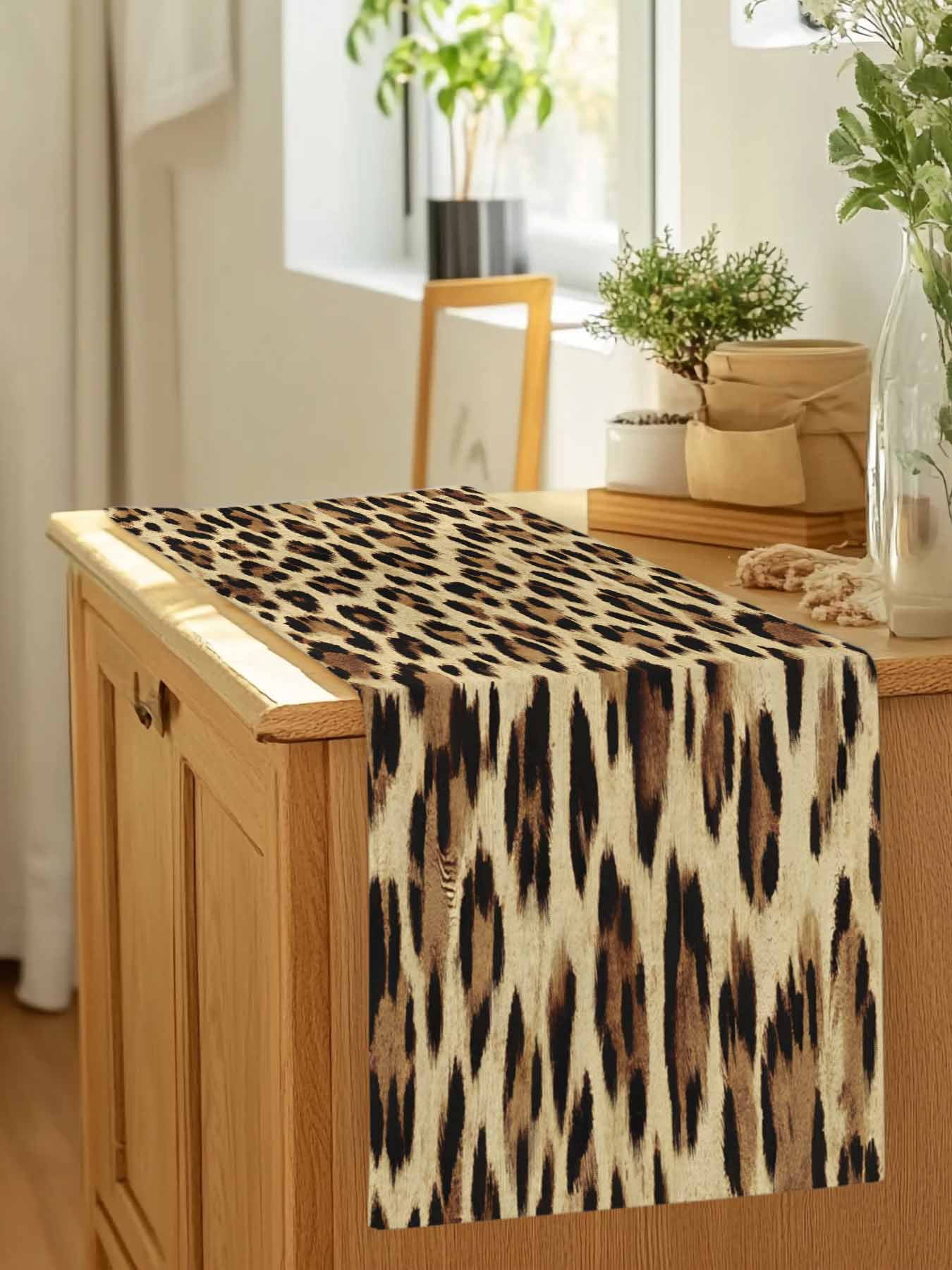 Abstract Leopard Print Table Runner 90 Inches Long, Brown Animal Spots Table Runners Tabletop Scarf Kitchen Dining Tables Decoration for Home Party Indoor Outdoor