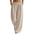 thumbnail image 2 of Ahdbta Cotton Linen Pants for Women Wide Leg Palazzo Summer Flowy Pants Elastic Waist Beach Vacation Travel Trousers with Pockets, 2 of 7
