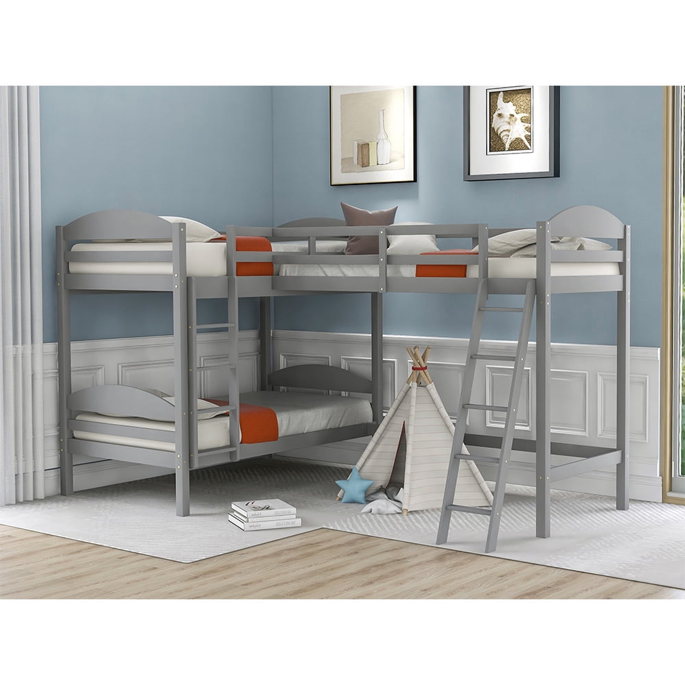 Private Jungle Twin Bunk Beds L-Shaped Bunk Bed and Loft Bed with Ladder and Guard for Teens Bedroom, Gray