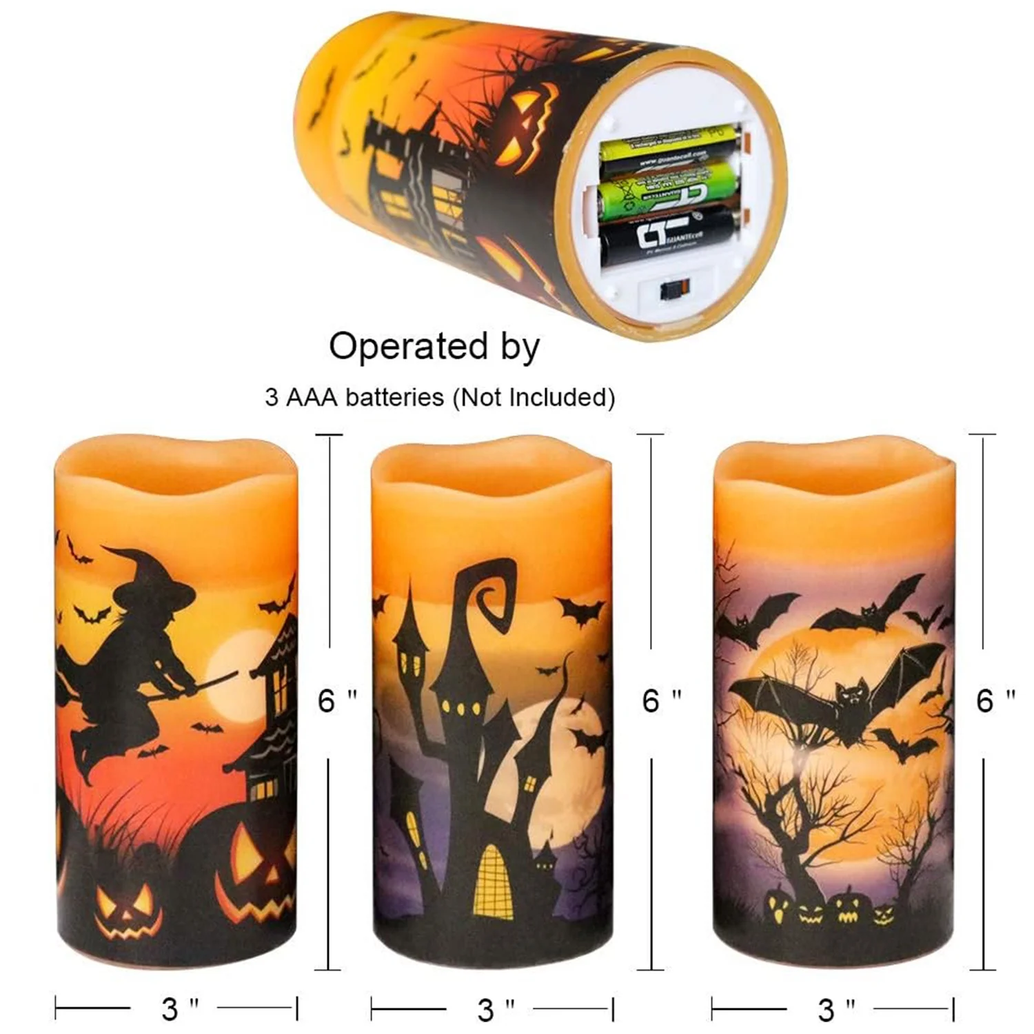Behome LED Flameless Halloween Candles with Remote and Timer, Battery Operated, Real Wax Flickering Pillar Candles, Flat Wick & Dimmable Light, Castle Witch Bats Holiday Decor(3 Pack, 3 x 6 Inches)