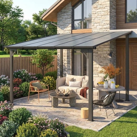 Wall Mounted Gazebo, Hardtop Lean to Pergola with Sloped Roof & Gutters, Heavy Duty Outdoor Awning for Patio, Deck, Porch, Backyard