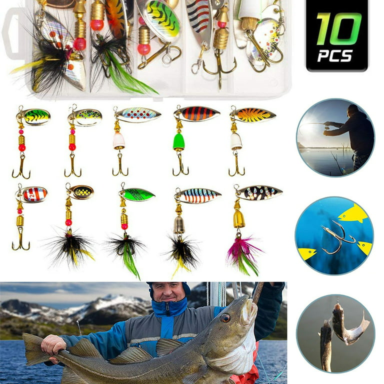 10PCS Fishing Lures Spinner bait for Bass Trout Salmon Walleye Hard Metal Spinner  Baits Kit with Tackle Box 