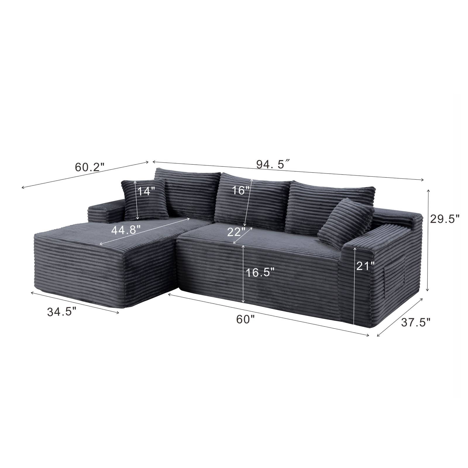 L-Shape Cloud Couch Modular Sectional Sofa Corduroy Boneless Sofa Couch with Chaise, No Assembly Sofa for Living Room, Grey