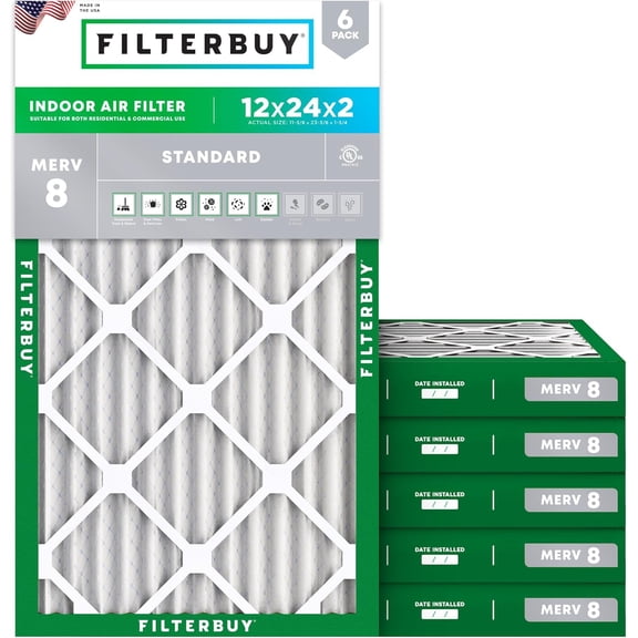 Filterbuy 12x24x2 Air Filter MERV 8 Dust Defense, Pleated HVAC AC Furnace Filter Replacement, 6-Pack