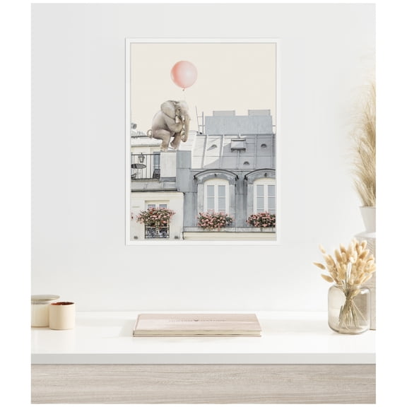 Kate and Laurel Elephant in Paris Framed Canvas Wall Art by July Art Prints 18 x 24 Sylvie White, Whimsical, Animals, Cityscapes Art for Wall Decor, Living Room, Bedroom