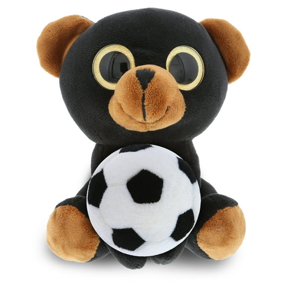 DolliBu Large Black Bear - Sparkle Eyes Stuffed Animal with Soccer Ball Plush - Soft Huggable Bear, Playtime Plush Toy, Wildlife Gift, Super Soft Plush Doll Animal Toy for Kids and Adults - 8 Inches