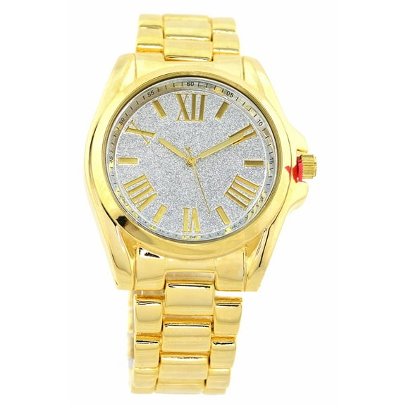 Men's gold tone clubbing business watch 44mm 12mm thick case fits 7.5 inches wrist.