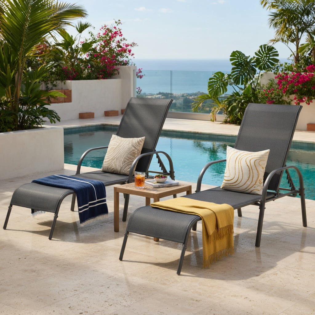 Hommoo Adjustable Folding Patio Chaise Lounge Chair, 5-Position Reclining Backrest, Weather-Resistant Fabric & Powder-Coated Steel Frame, Dark Gray