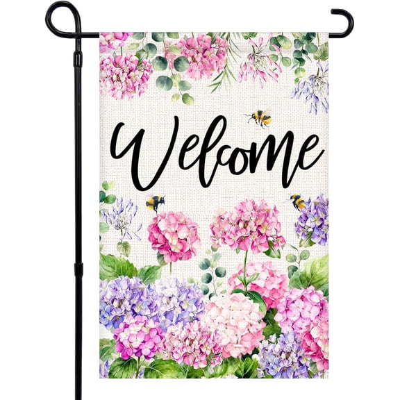 Welcome Spring Summer Burlap Garden Flag 12x18 Inch Double Sided Colorful Hydrangea Bee Floral for Patio Lawn Farmhouse Decor