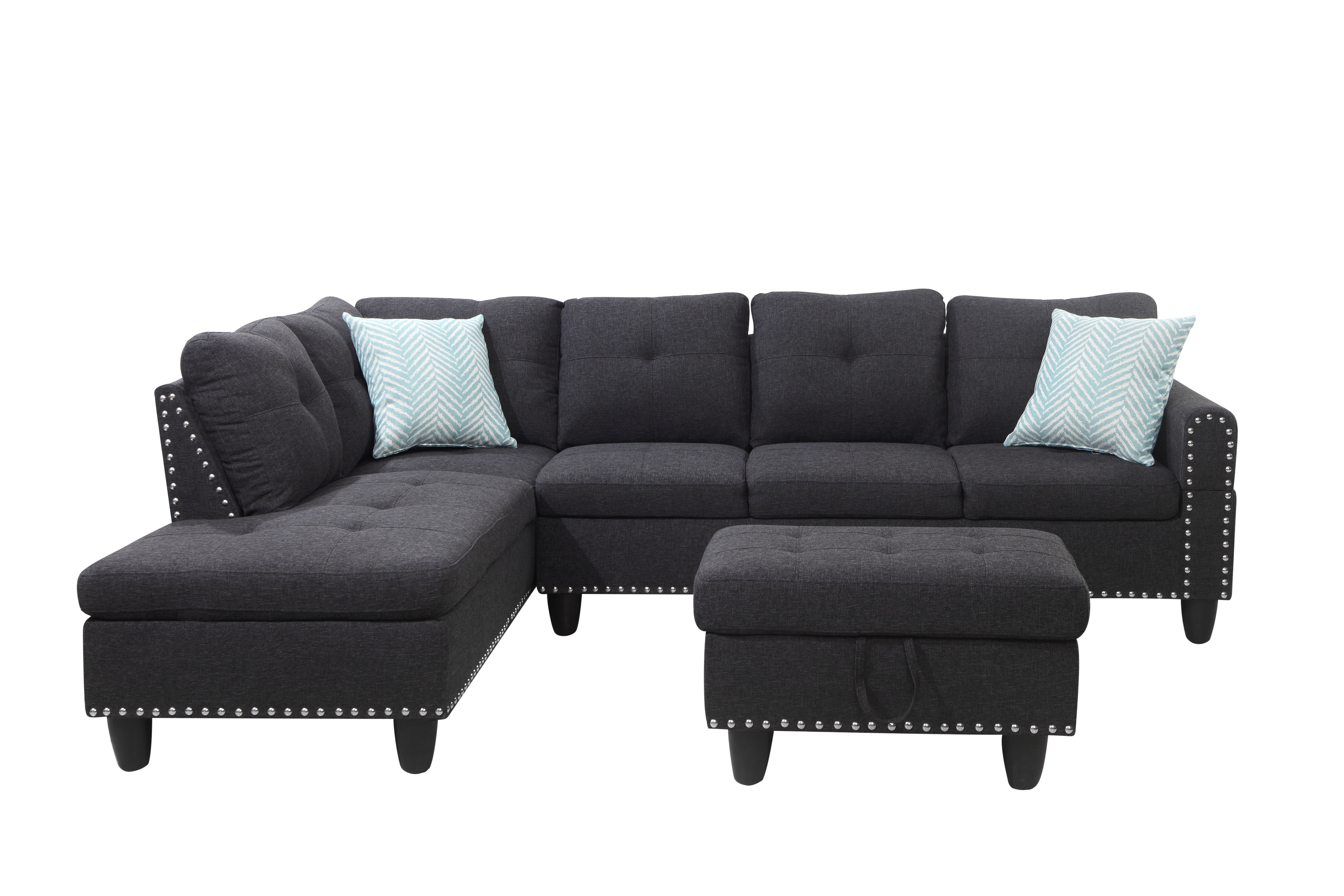 Gewnee L-Shaped Sofa & Chaise Sectional, Linen Blend Fabric Upholstered Couch with Storage Ottoman, Nailhead Trim and Toss Pillows for Living Room Apartment, Charcoal Grey