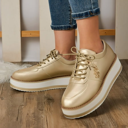 

uikmnh Women Shoes Fashion Solid Color Leather Round Toe Lace Up Platform Casual Shoes Gold 6.5
