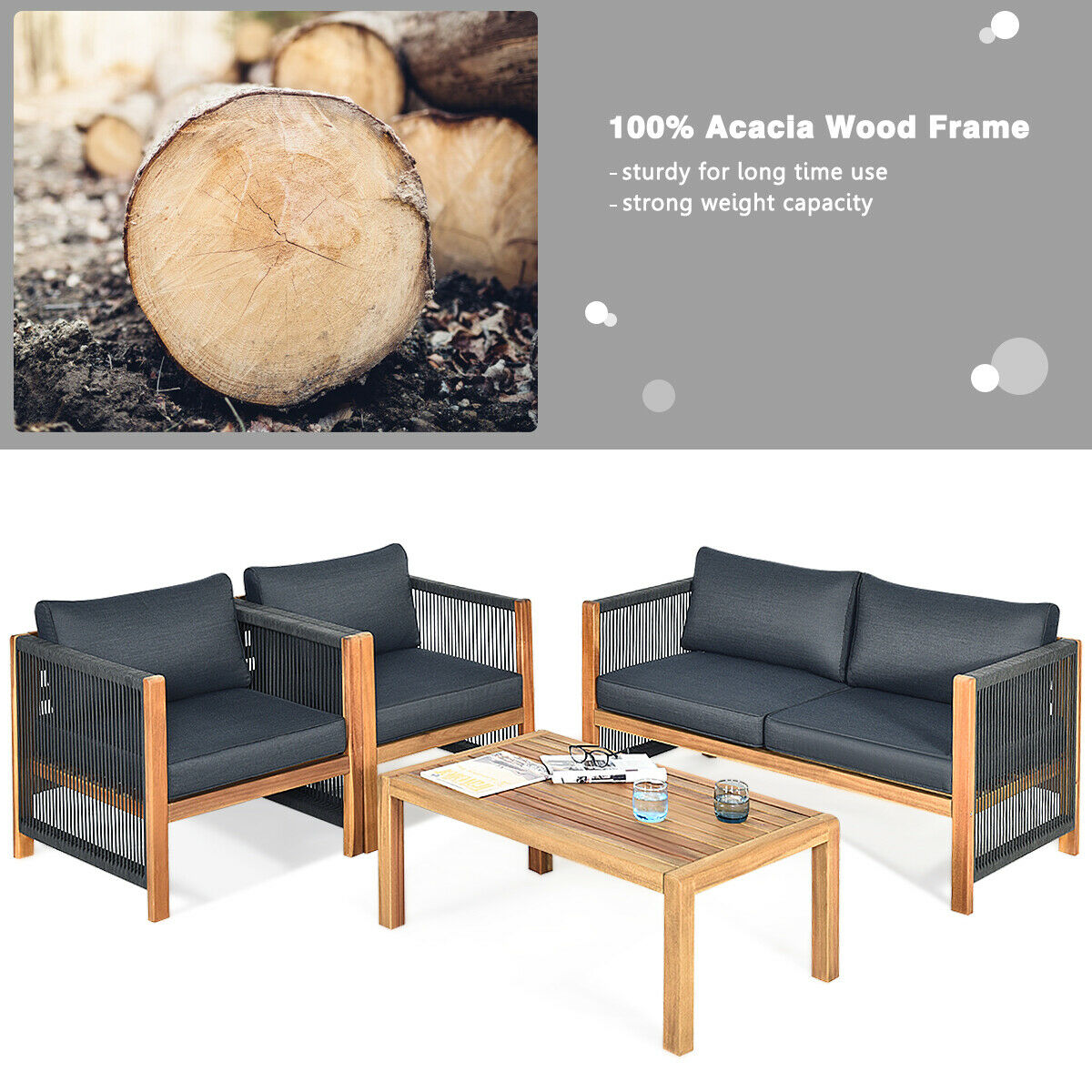 Gymax 8PCS Acacia Wood Outdoor Patio Furniture Set Cushioned Sofa W/Nylon Rope Armrest - image 3 of 9