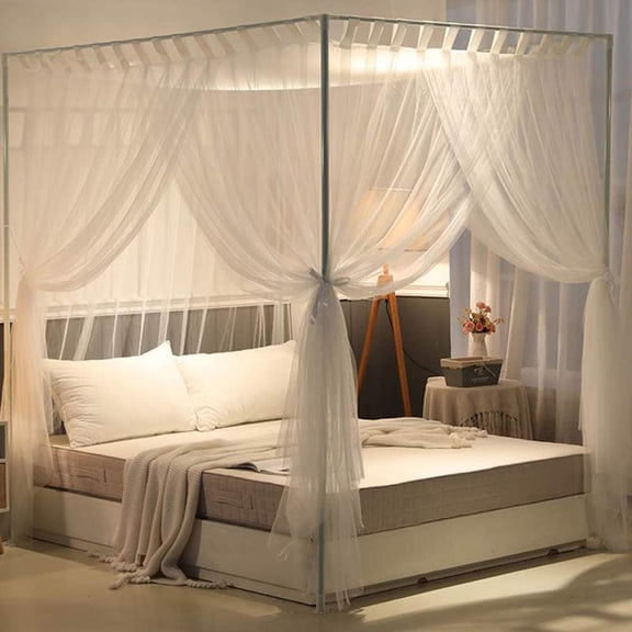 Simple 4 Corners Post Curtain Bed Canopy for Queen Size, White - Modern Bedroom Decoration with Polyester Fabric