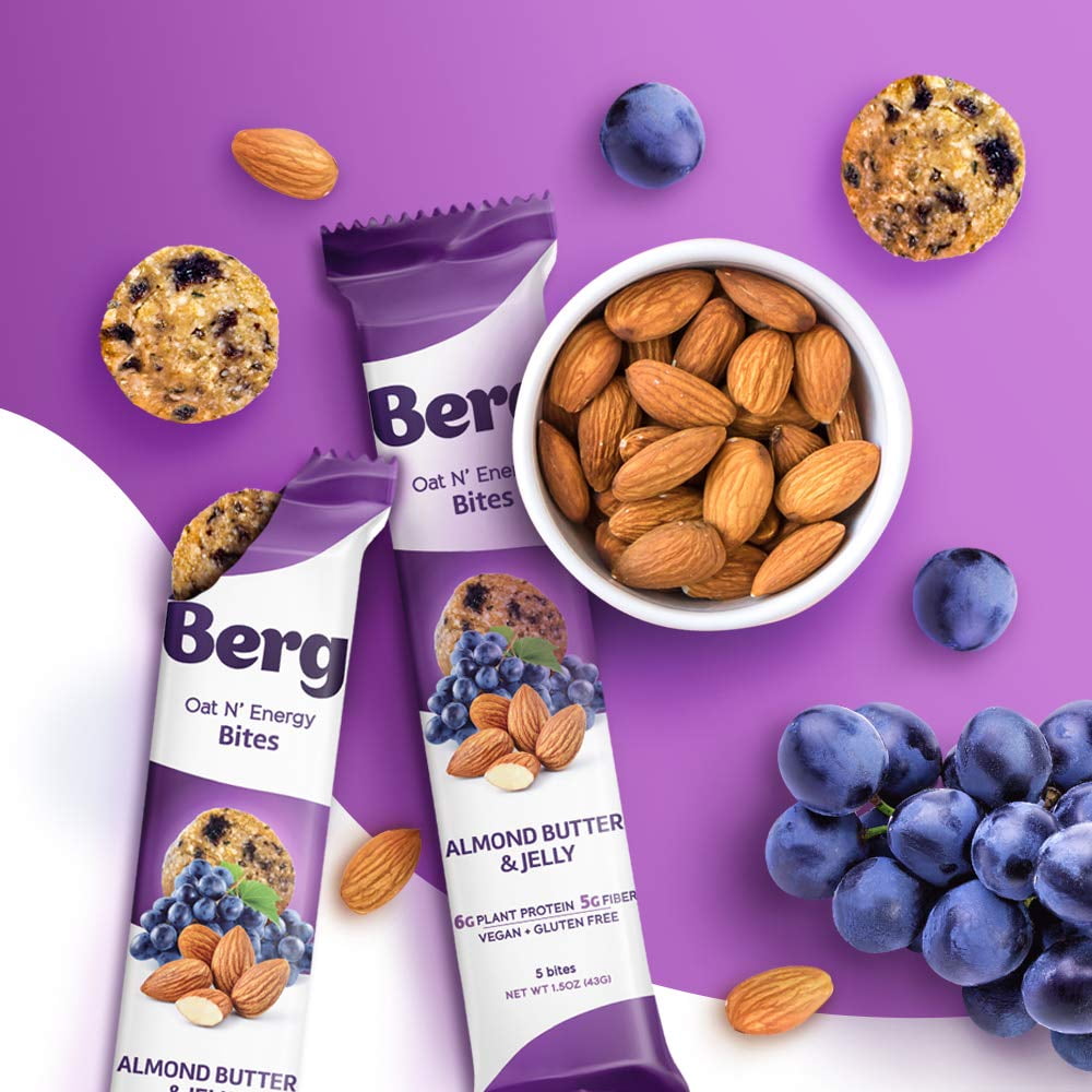 Berg Bites - Oat N' Energy Bites - Almond Butter & Jelly - Non-GMO, Gluten Free, Dairy Free, Soy Free and Vegan - Clean Energy Healthy Snack Bar - 1.5oz (8 Pack)