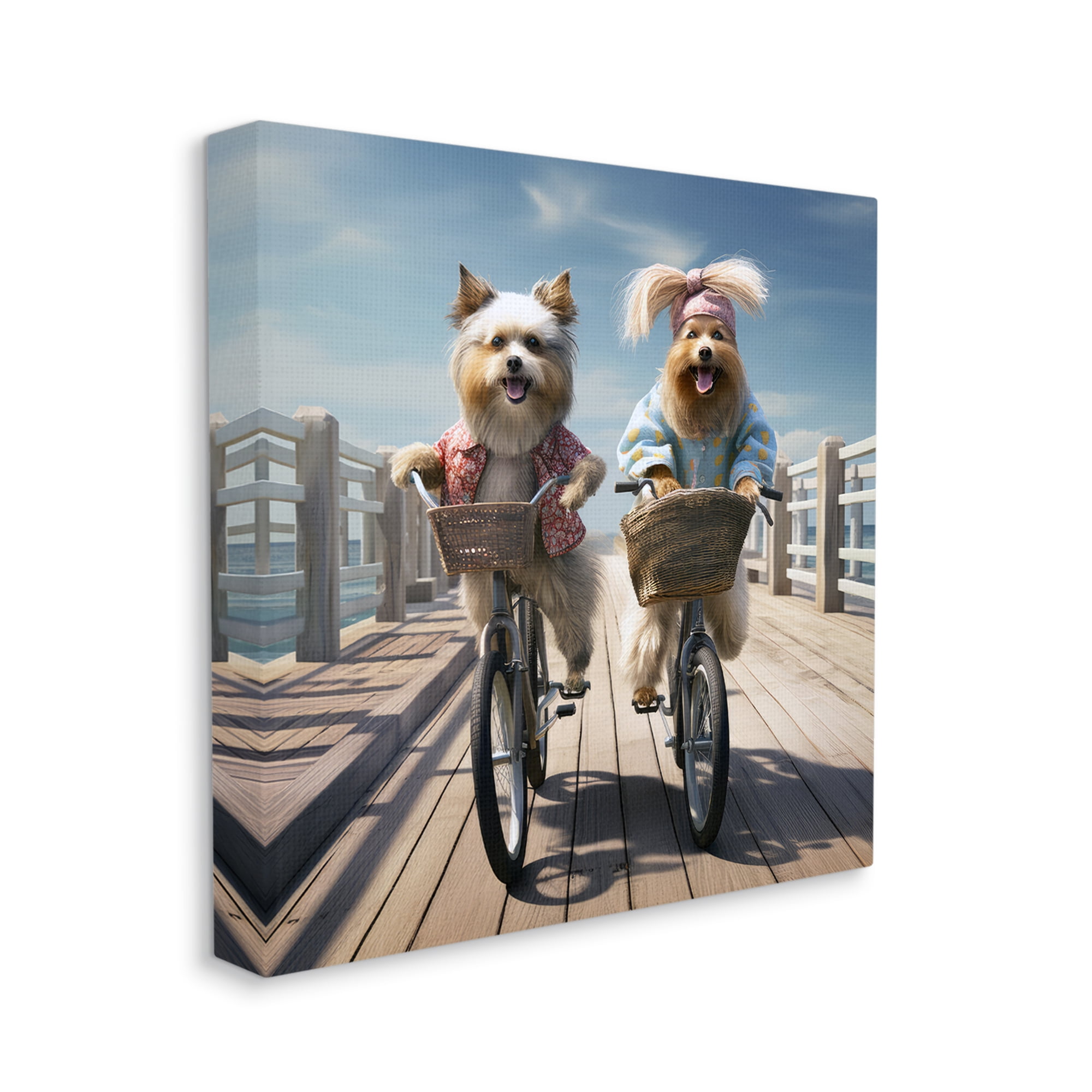 Stupell Industries Dogs on Bicycles on Pier Animals & Insects Painting Gallery Wrapped Canvas Art Print Wall Art, 24 x 24