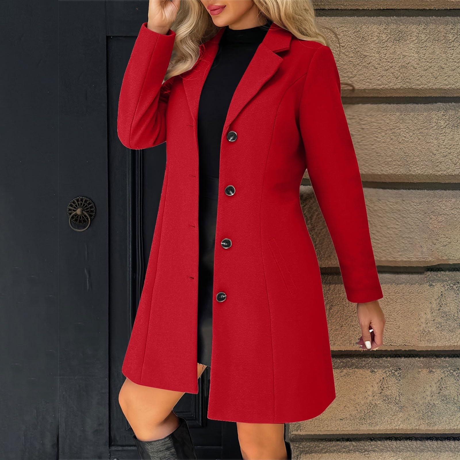 Wool Womens Coat, Solid Casual Thicken Wool Stand Collar Coat with