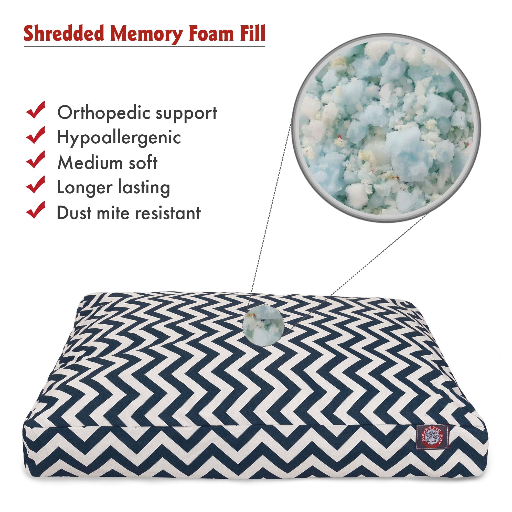 Majestic Pet | Chevron Shredded Memory Foam Rectangle Pet Bed For Dogs, Removable Cover, Navy, Large