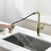 Lefton Pull-Out Waterfall Kitchen Faucet with Temperature Display, Two Water Outlet Modes, Single Hole, Brushed Gold, KF2209-5