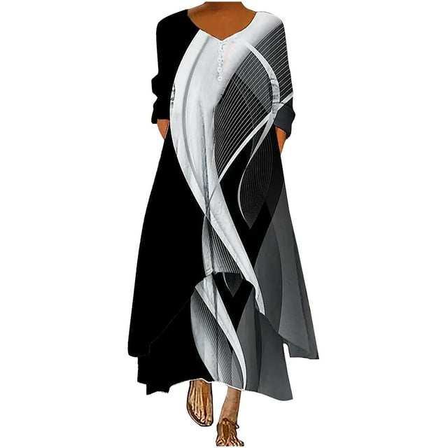 Pompotops Robe Longue Décontractée à Manches Longues et Col Rond pour Femmes avec Boutons et Poches en Solde
