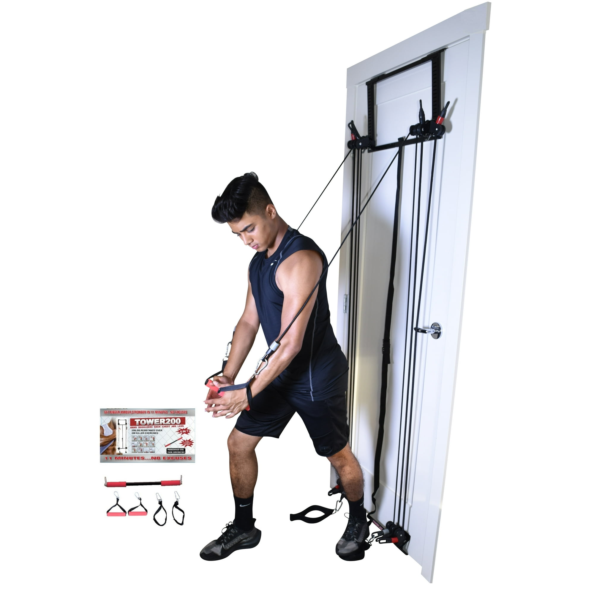 Tower 200 Home Gym Complete Door Gym Full Body Workout Multi Gym Doorway Fitness Exercise Gym Strength Training Includes Heavy Resistance Bands Squat Bar 2X Padded Handles 2X Ankles Straps DVD