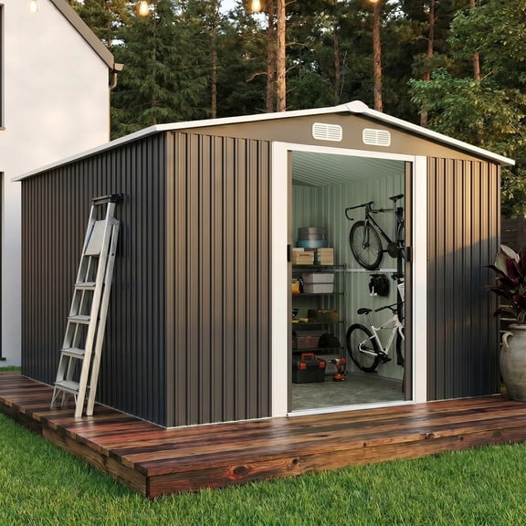 Catrimown 10×8 Grey Metal Outdoor Storage Shed, sturdy steel tool shed with sliding door, large utility storage for backyard, patio and lawn