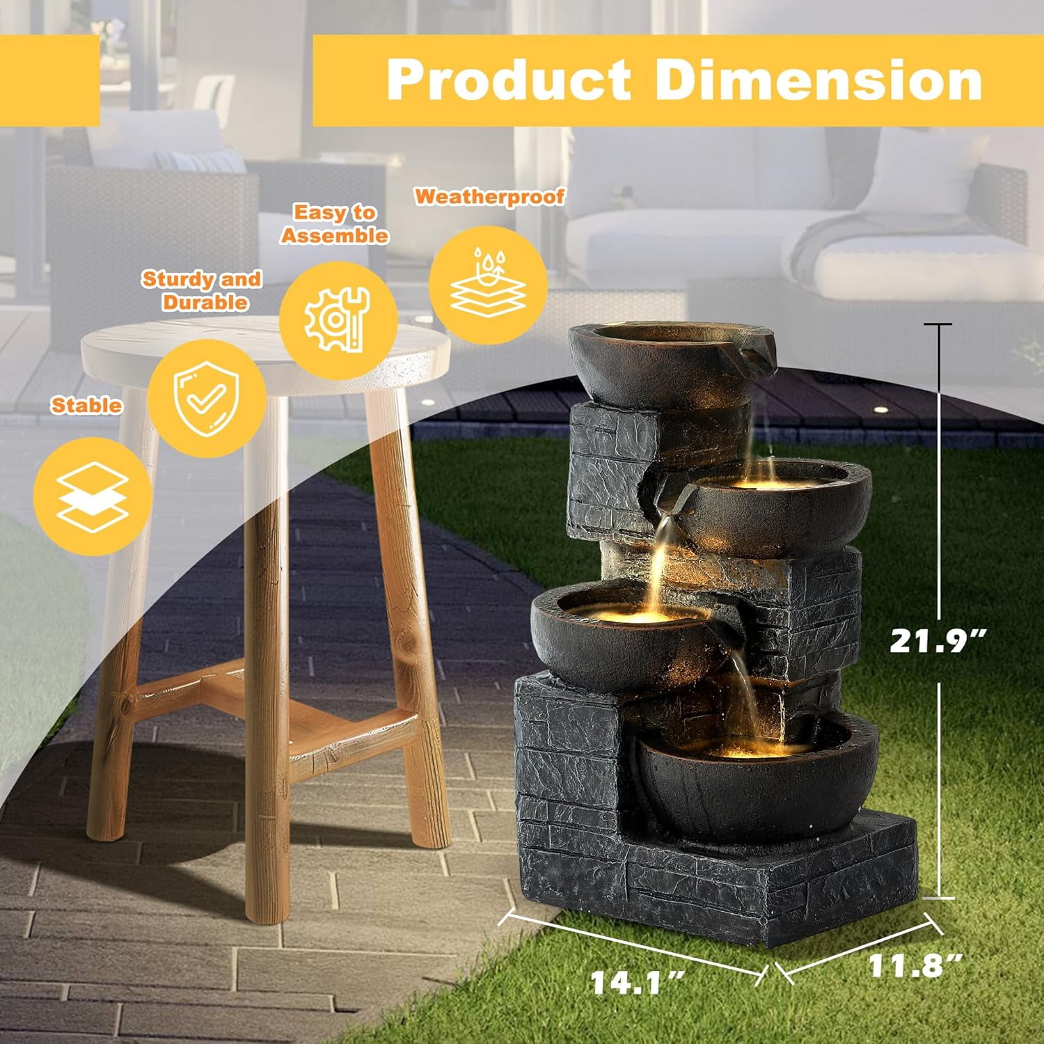 Magic Union Outdoor Water Fountain, 4-Tier Cascading Rock Bowls Waterfall Fountains w/LED Lights for Garden Yard Decor, Indoor Floor-Standing Resin Water Feature for Patio Deck Porch and Home