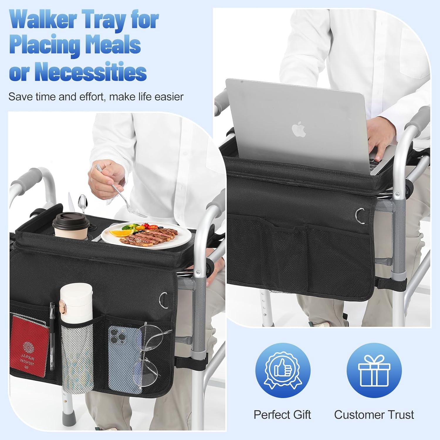Rhino Valley Walker Tray for Folding Walker, Tray for Walkers with Non-Slip Mat for Food, 3 Front Pockets & 2 Cup Holders, Fits Most Standard Folding Walkers, Walker Accessories for Senior, Black