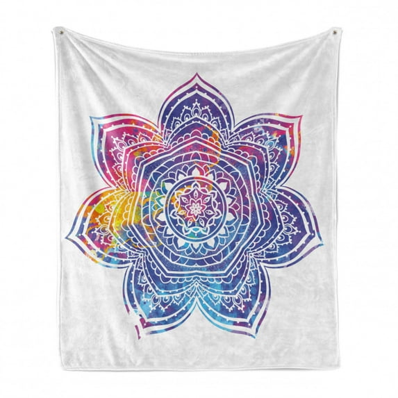 Lotus Soft Flannel Fleece Throw Blanket, Watercolor Vivid Mandala Artwork, Cozy Plush for Indoor and Outdoor Use, 60" x 80", Earth Yellow Violet Blue, by Ambesonne