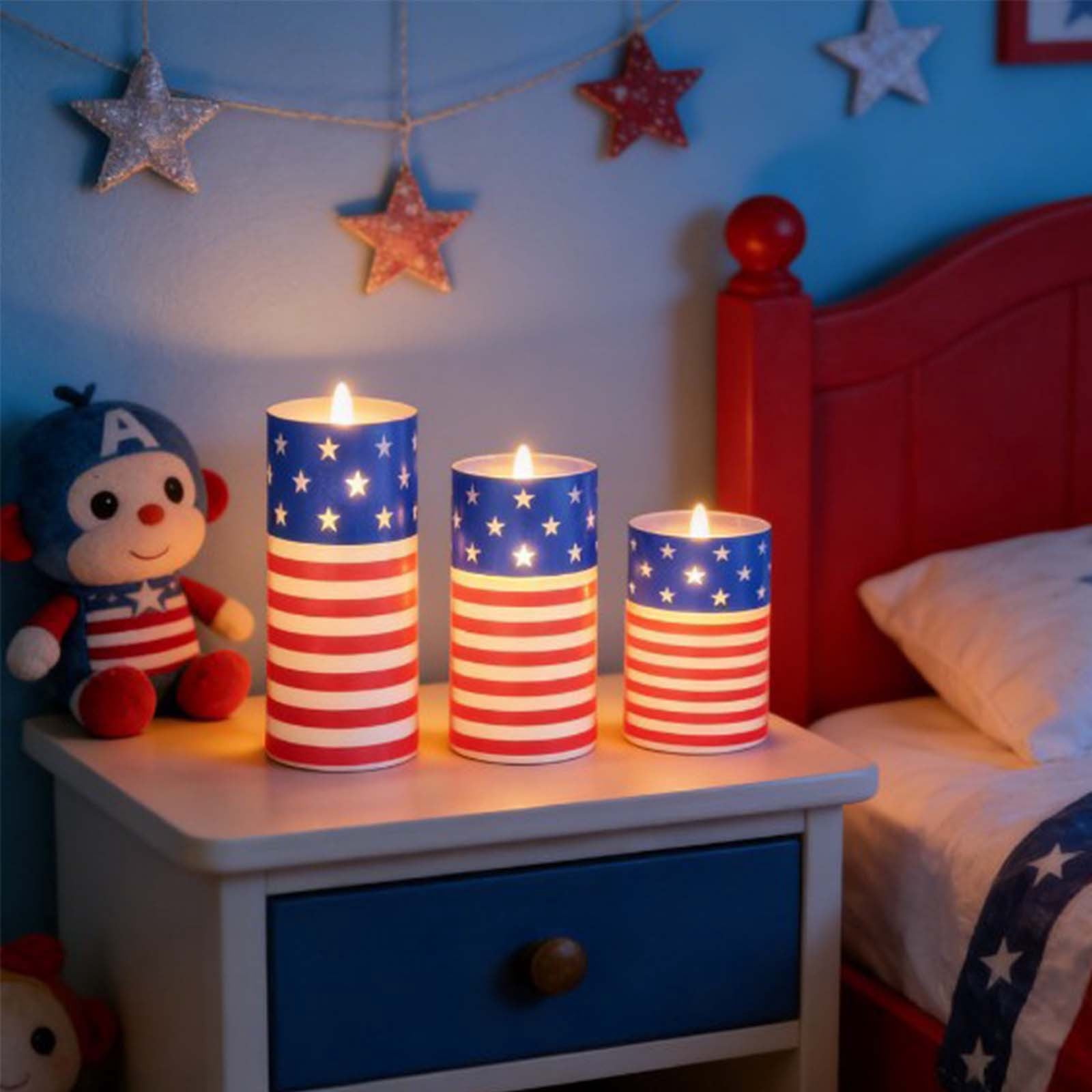 geerera 3Pcs 4th of July Patriotic LED Flameless Candles with Remote, USA Flag Electronic Candle Lights Set for Independence Day, Memorial Day & Patriotic Events Decor