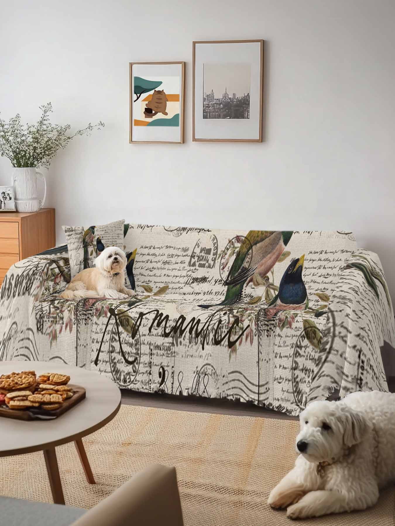 Vintage Birds Couch Cover Sofa Covers 3 Cushion Sectional Couch, Country Envelope Postmark Farmhouse Botancial Washable Sofa Covers Slipcover Sectional Sofa Cover, Furniture Protector 71"x150"