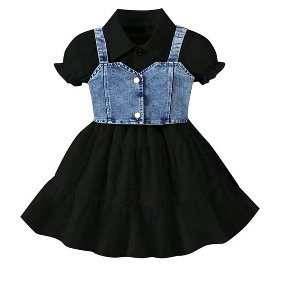 Tiweut 2 Piece Outfits for Girls Kids Denim Vest Short Sleeve Lapel Shirt Dress Children Relaxed Fit Girl's Clothes Suits 2-3 Y