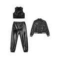 thumbnail image 3 of dPois 3Pcs Girls Metallic Hip Hop Dance Outfits Shiny Crop Top with Bomber Jacket and Pants Set Black 10, 3 of 6