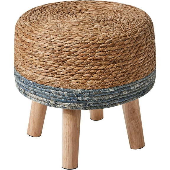 Foot Stool Natural Seagrass Hand Weave, 12.6" Small Ottoman, Round Footrest for Living Room, Bedroom, Entryway, Change Shoes Stool, Non-Skid Wood Legs, Boho, Natural Blue, UHBD027Q
