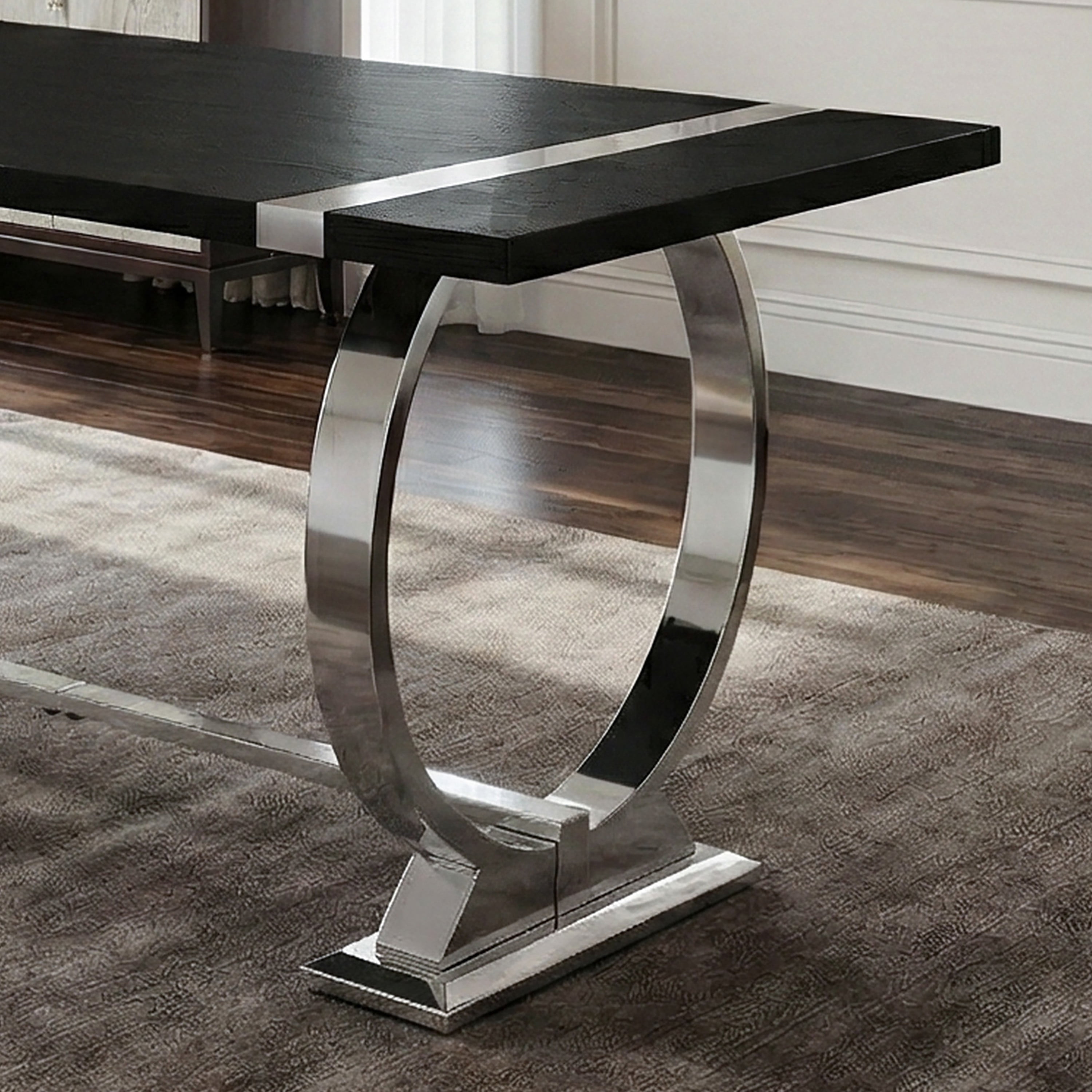 Furniture of America Gaius Glam Wood 60" Rectangle Dining Table with O-Shaped Stainless Steel Trestle Base, Black and Silver