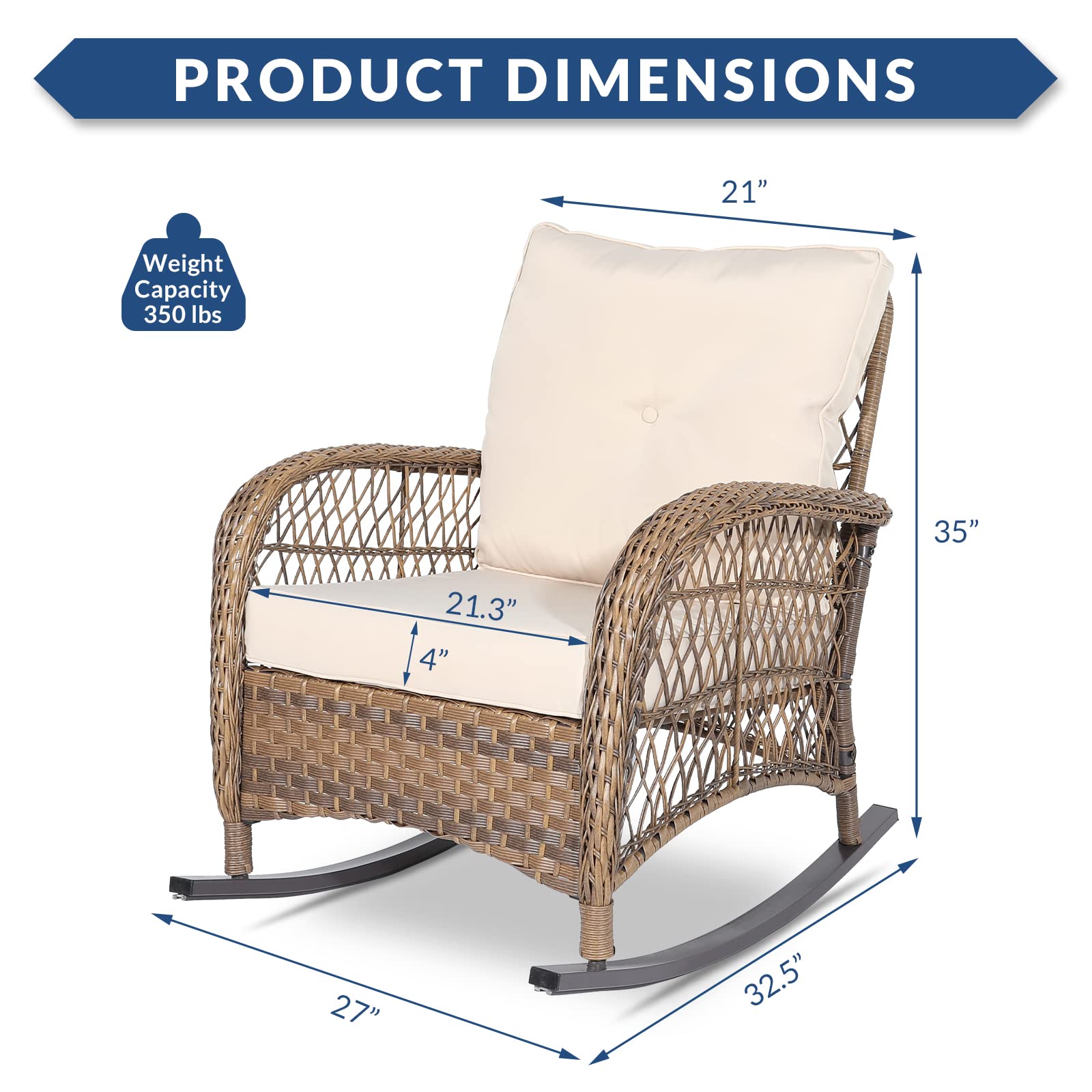 SOCIALCOMFY Outdoor Wicker Rocking Chair, Patio Rattan Rocker Chair with Steel Frame, Rocking Lawn Chair Patio Furniture, Light Brown Wicker & Beige Cushions, Set of 2 - image 3 of 7