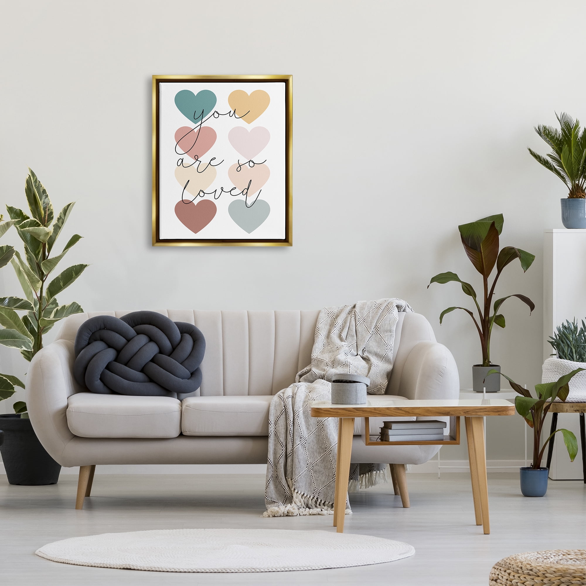 Stupell Industries You Are Loved Hearts Abstract Painting Gold Floater Framed Canvas Art Print Wall Art, 25 x 31