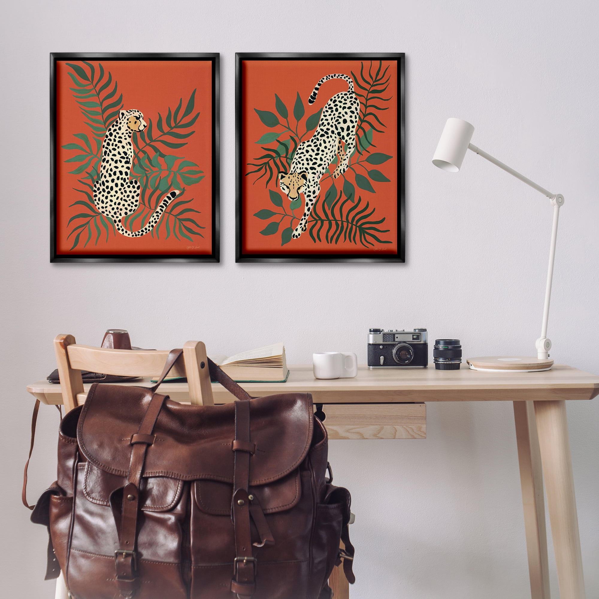 Stupell Industries Sitting Cheetah Prowling Jungle Animals Painting Black Floater Framed Canvas Art Print Wall Art, 31 x 25, Set of 2