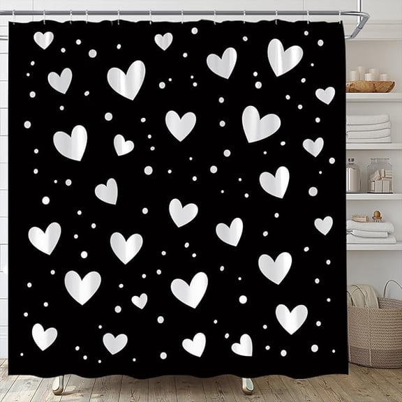 Valentine's Shower Curtain Black White Heart Polka Dot Sweet Romantic Love Bathroom Curtains Decor Fabric Set Include Hooks 48"W x 72"L (Pack of 1)