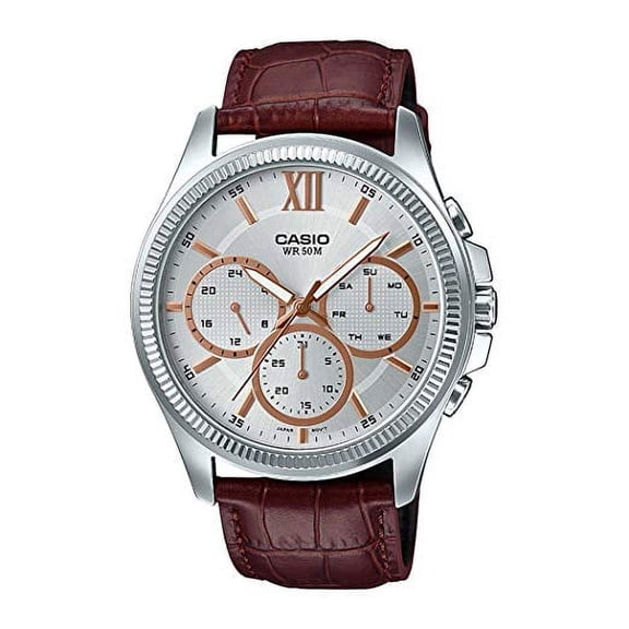 MTP-E315L-7A Men Muti-Dial Silver Face Watch with Brown Leather Band