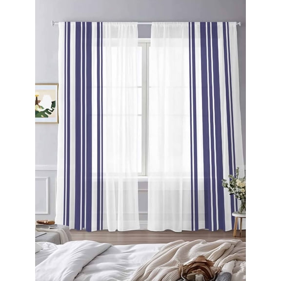 Colorful Stripes Sheer Curtains 84 inches Long 2 Panels Set Navy Blue Wood Texture White Tiers Sheers Rod Pocket Small Window Short Curtains for Kitchen Cafe, Each 52" W x 84" L