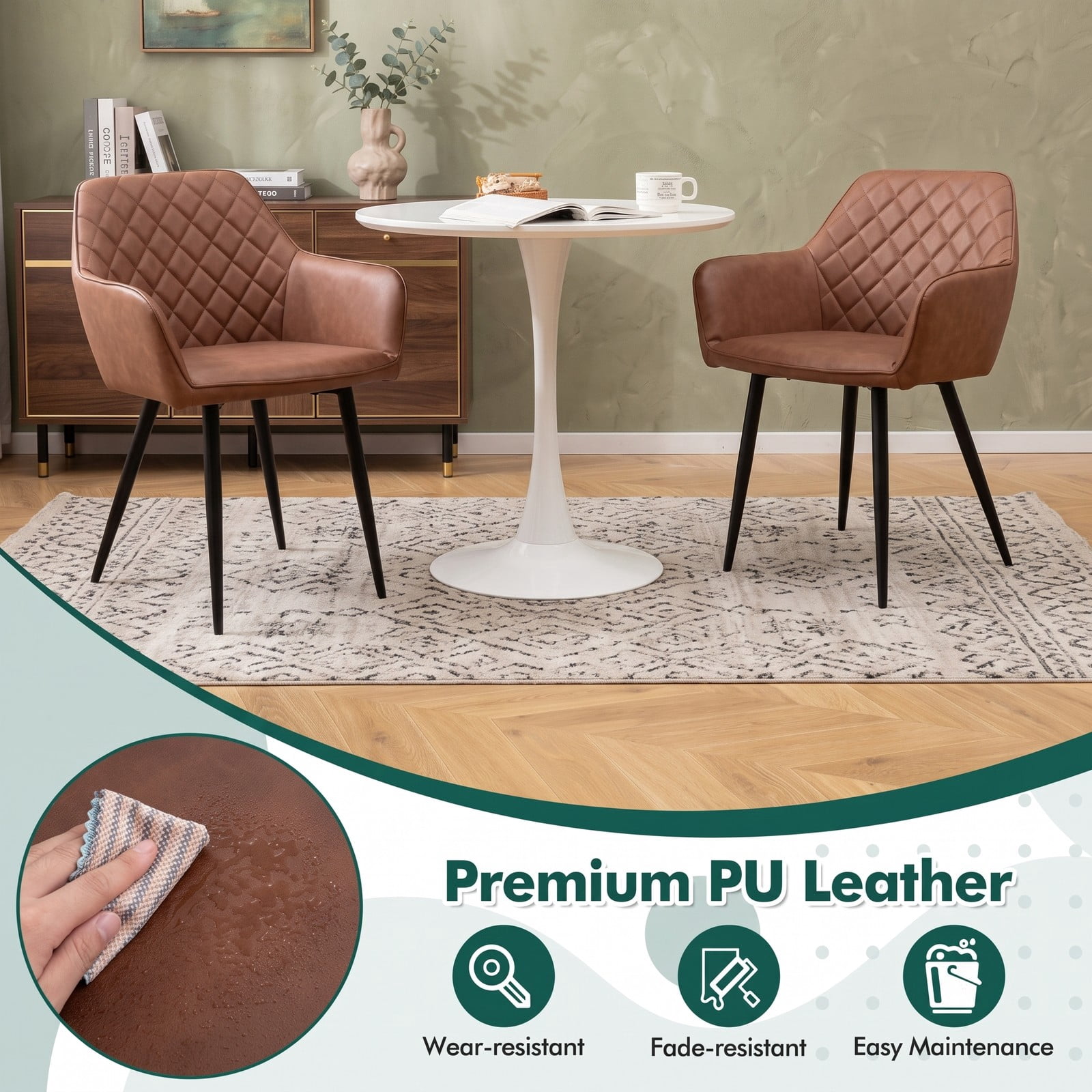 Furnibear Upholstered Dining Chairs Set of 2, Fabric Accent Armchair with Curved Backrest, Wide Padded Seat and Metal Frame for Kitchen Living Room, Coffee