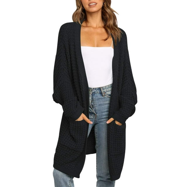 Coloody Womens Open Front Slouchy Sweaters Long Batwing Sleeve Oversized Knit Cardigans with Pocket