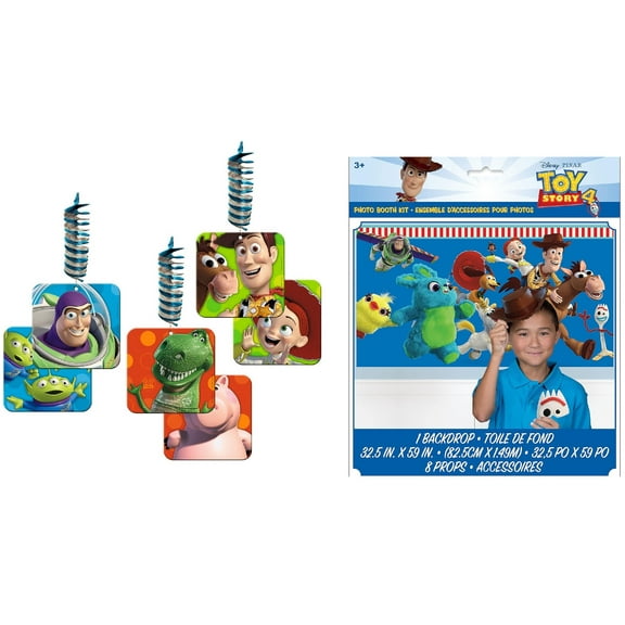 Disney Toy Story Birthday Party Supplies Bundle includes 3 Hanging Decorations Stretch to 32" Long, 1 Photo Backdrop 32" x 59", 1 Dinosaur Sticker Sheet