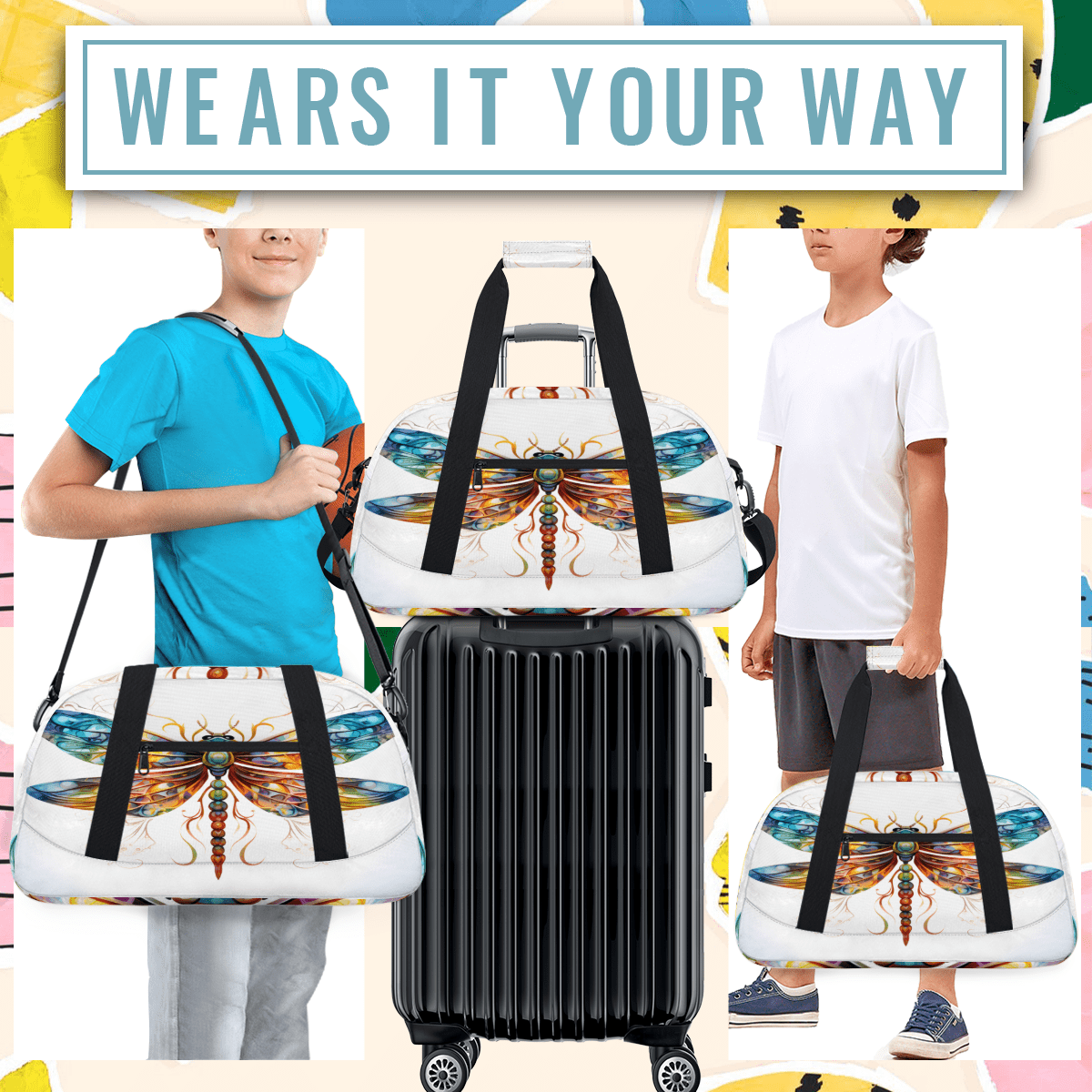 Herdesigns Boho Sports Duffle Bag for Women & Men, Dragonfly Gym Bag Dance Bag Overnight Bag Carry On Weekender Travel Bag