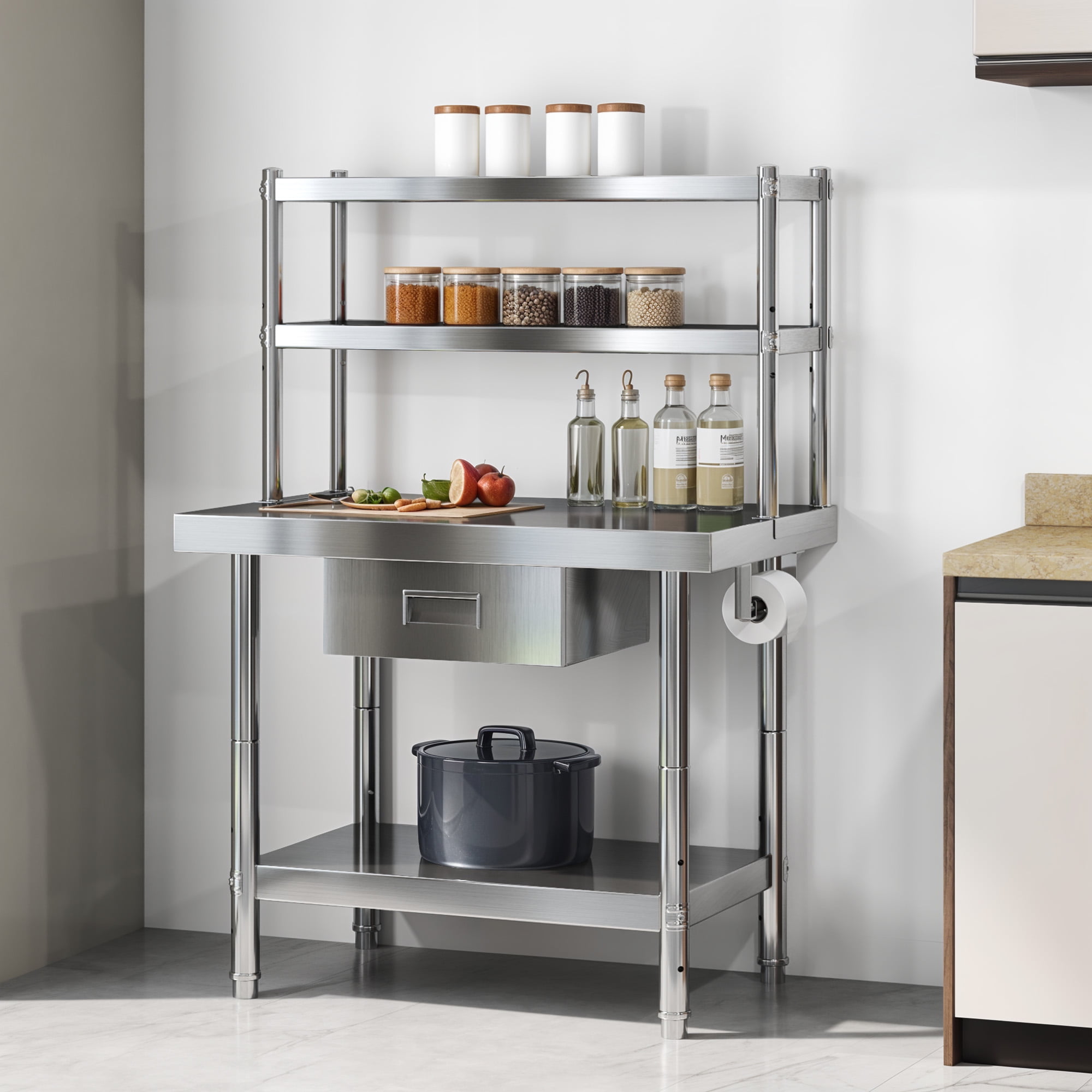 Uforic 36"×24" Stainless Steel Table with Overshelves and Paper Towel Holder and Drawer, Work Table with 36" X 12" Shelf, Metal Table Prep Table